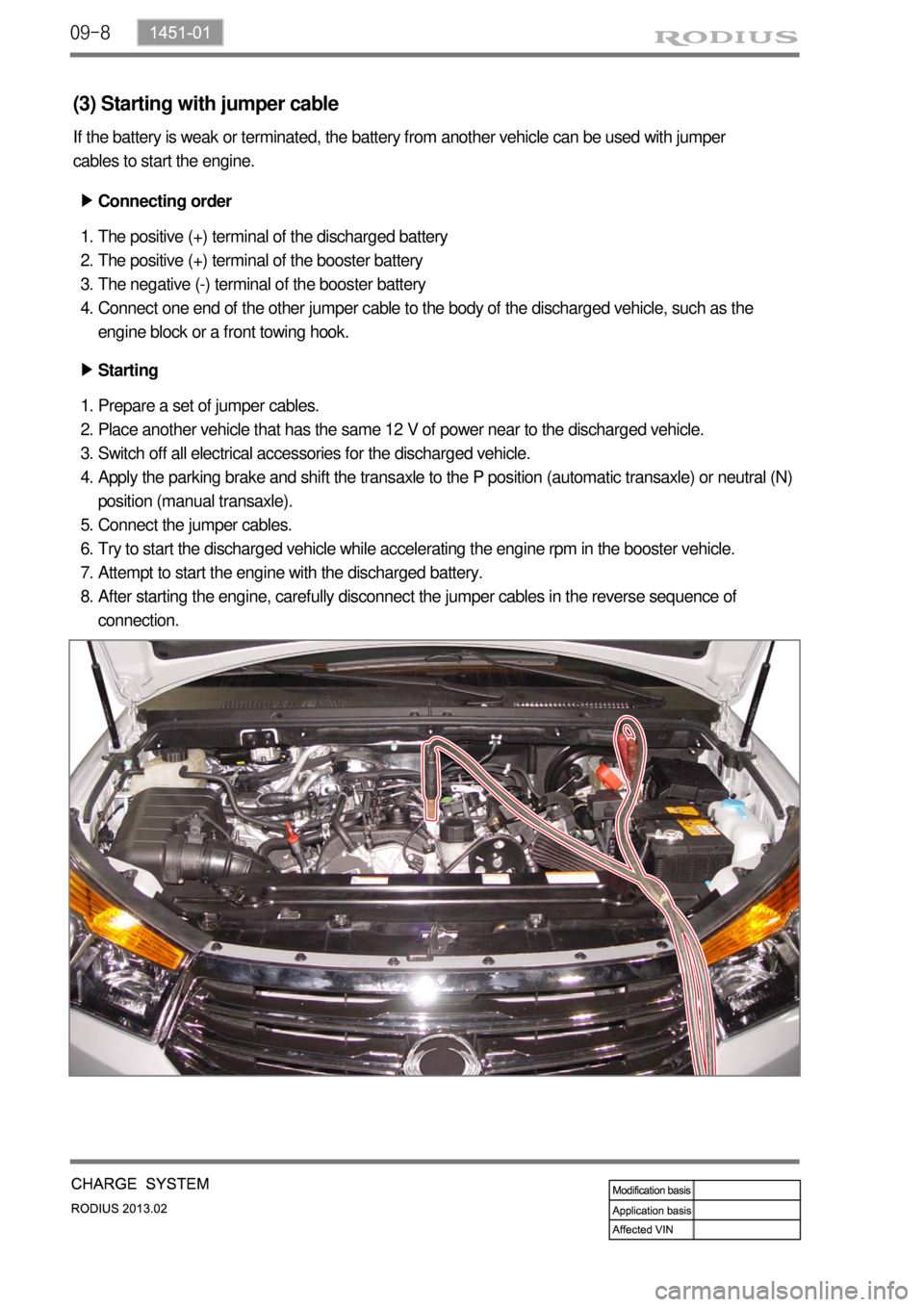 SSANGYONG TURISMO 2013  Service Manual 09-8
(3) Starting with jumper cable
If the battery is weak or terminated, the battery from another vehicle can be used with jumper
cables to start the engine.
Connecting order ▶
The positive (+) ter