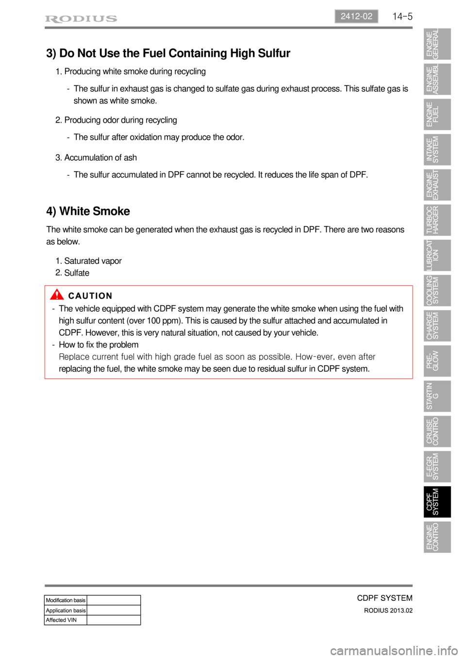 SSANGYONG TURISMO 2013  Service Manual 14-52412-02
3) Do Not Use the Fuel Containing High Sulfur
Producing white smoke during recycling
1.
The sulfur in exhaust gas is changed to sulfate gas during exhaust process. This sulfate gas is 
sho
