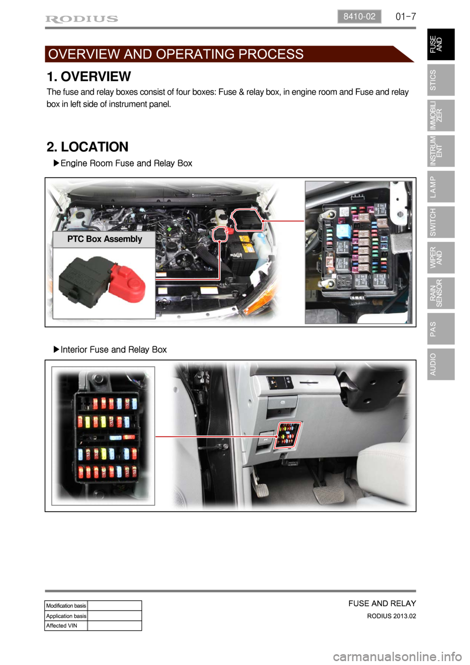 SSANGYONG TURISMO 2013  Service Manual 01-78410-02
1. OVERVIEW
The fuse and relay boxes consist of four boxes: Fuse & relay box, in engine room and Fuse and relay 
box in left side of instrument panel.
2. LOCATION
▶Engine Room Fuse and R