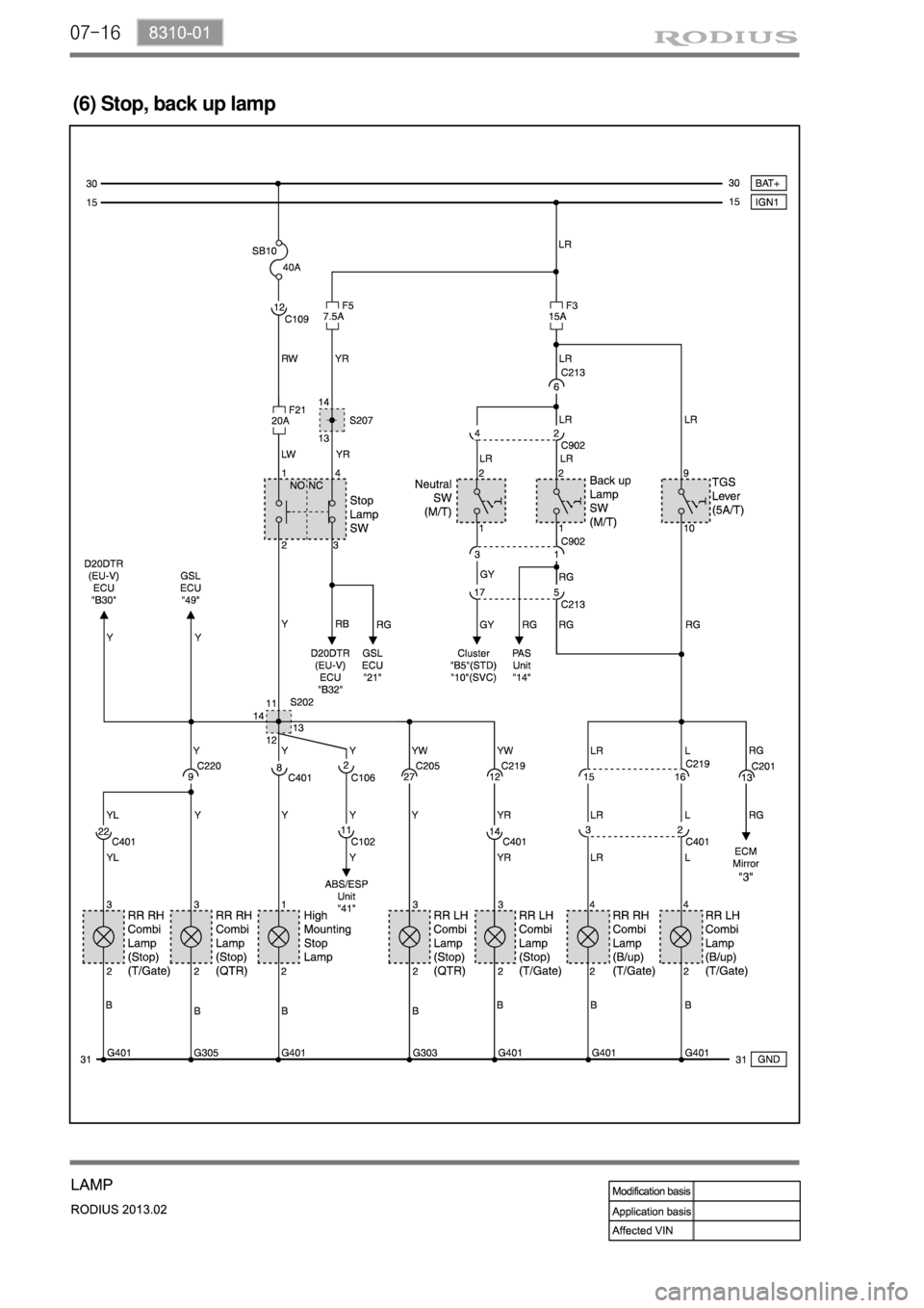 SSANGYONG TURISMO 2013  Service Manual 07-16
(6) Stop, back up lamp 