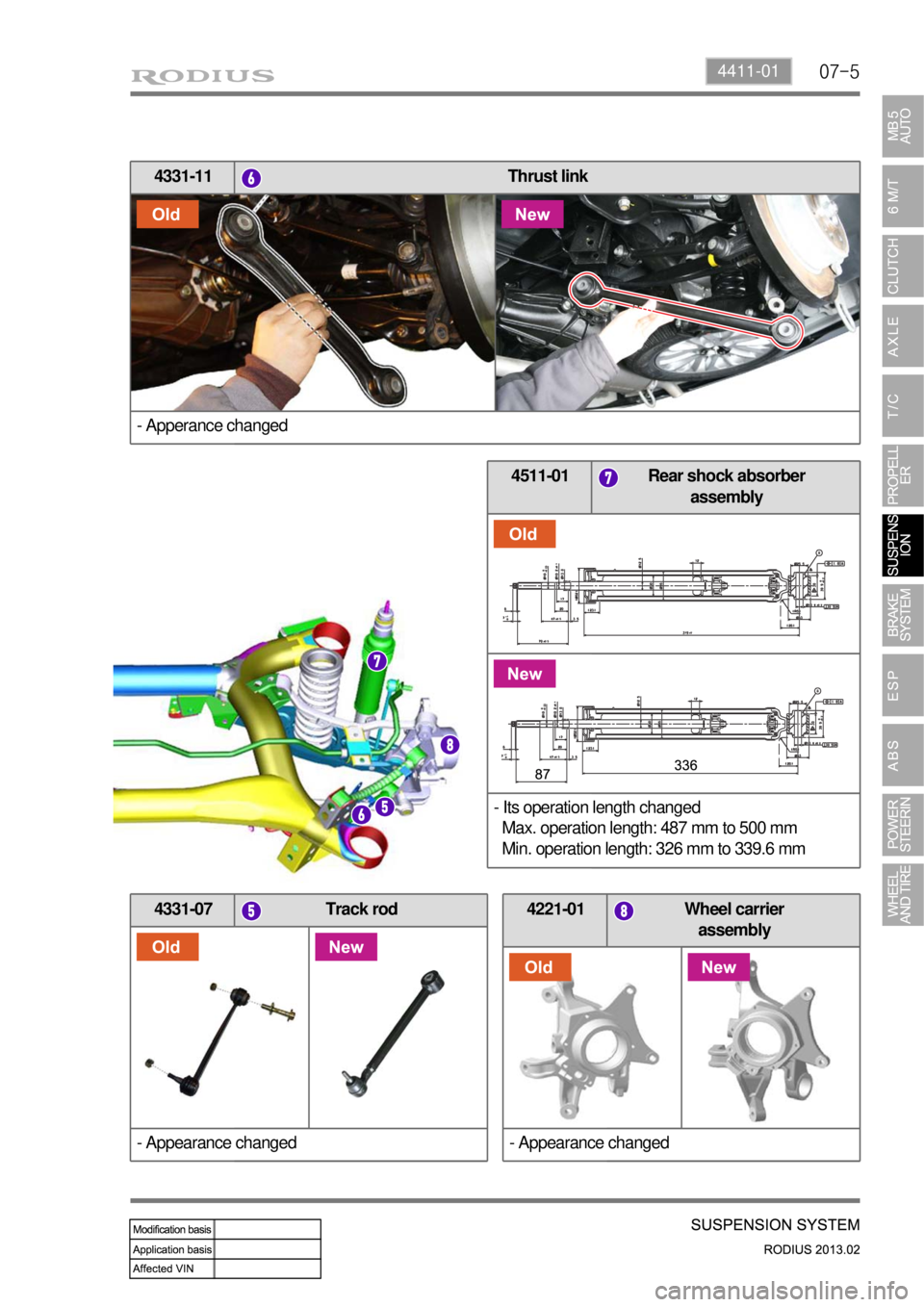 SSANGYONG TURISMO 2013  Service Manual 07-54411-01
4331-07 Track rod 
- Appearance changed4221-01 Wheel carrier 
assembly
- Appearance changed
4331-11 Thrust link
- Apperance changed
4511-01 Rear shock absorber 
assembly
- Its operation le
