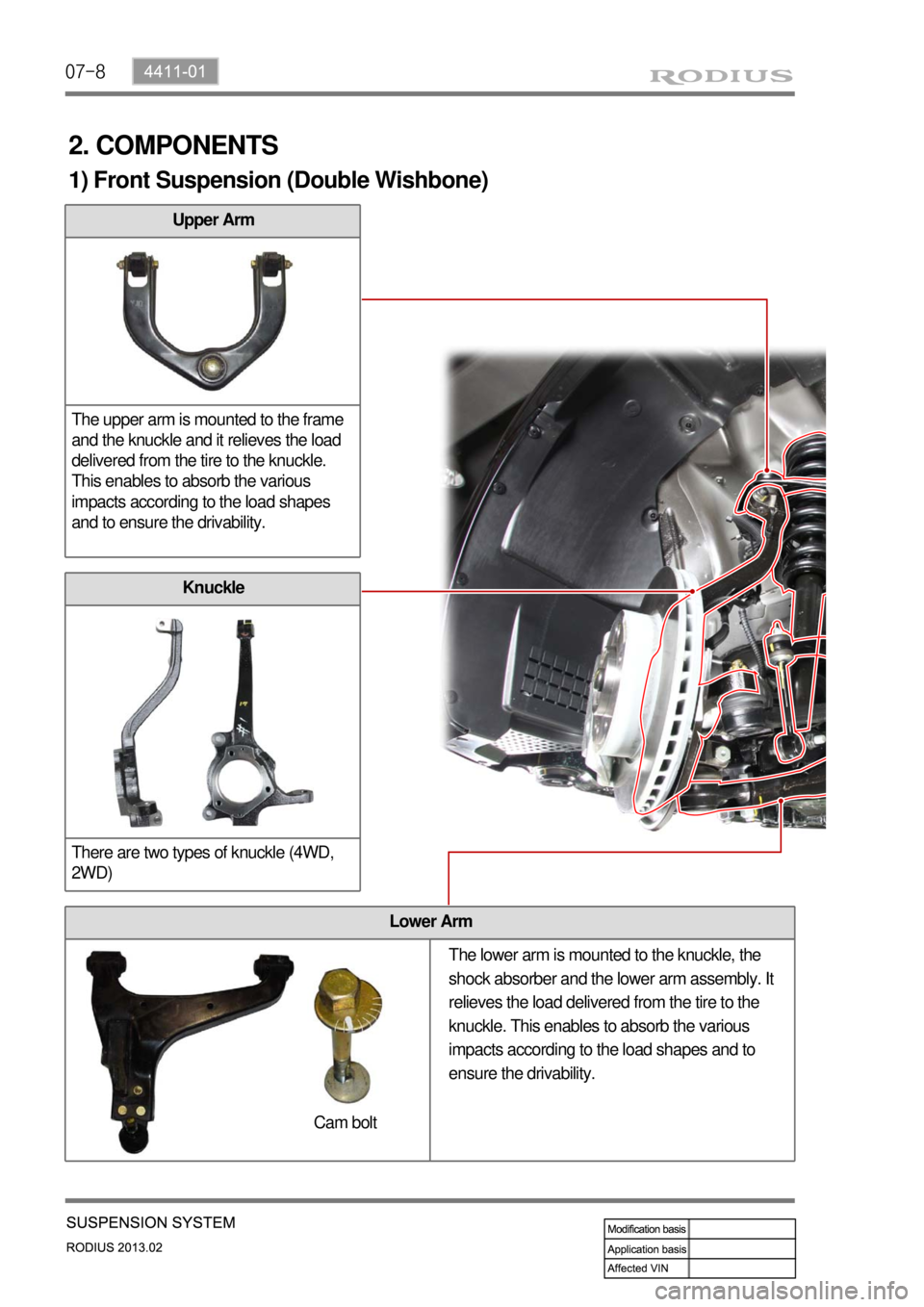 SSANGYONG TURISMO 2013  Service Manual 07-8
Upper Arm
The upper arm is mounted to the frame 
and the knuckle and it relieves the load 
delivered from the tire to the knuckle. 
This enables to absorb the various 
impacts according to the lo