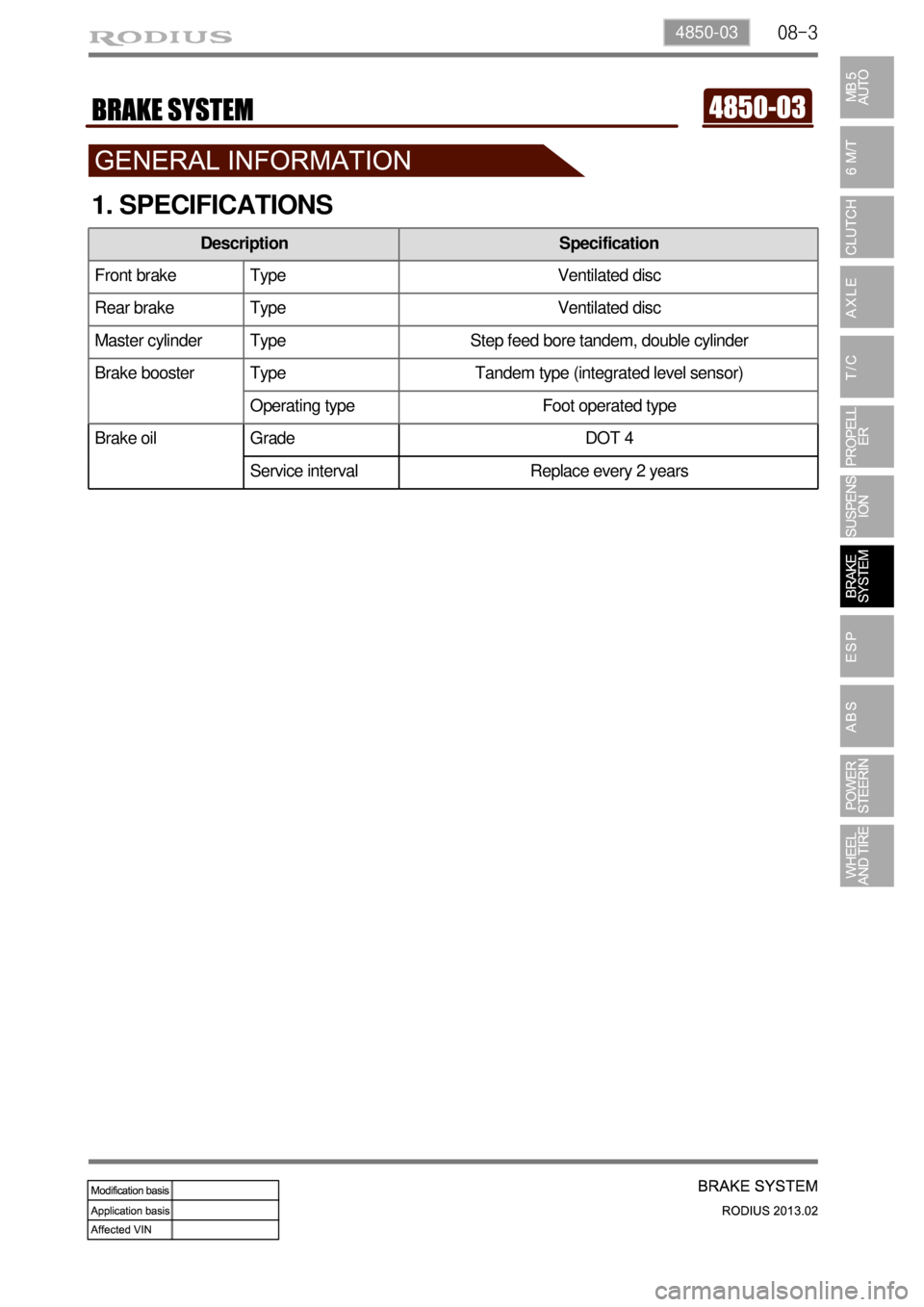 SSANGYONG TURISMO 2013 Workshop Manual 08-34850-03
Brake oil Grade DOT 4
Service interval Replace every 2 years
1. SPECIFICATIONS
Description Specification
Front brake Type Ventilated disc
Rear brake Type Ventilated disc
Master cylinder Ty SSANGYONG TURISMO 2013 Workshop Manual 08-34850-03
Brake oil Grade DOT 4
Service interval Replace every 2 years
1. SPECIFICATIONS
Description Specification
Front brake Type Ventilated disc
Rear brake Type Ventilated disc
Master cylinder Ty
