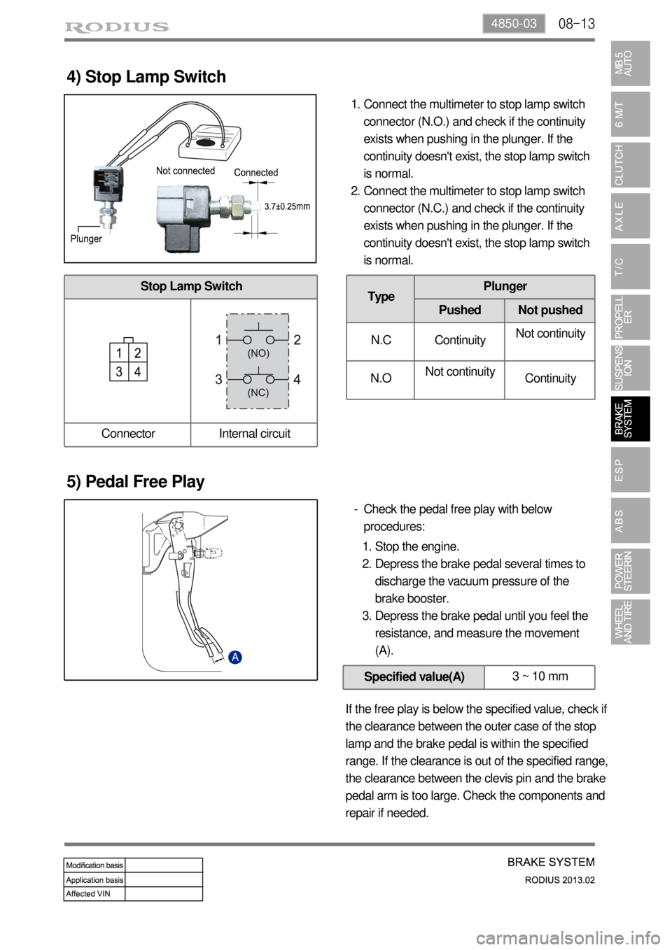 SSANGYONG TURISMO 2013 Service Manual 08-134850-03
Stop Lamp Switch
Connector Internal circuit
4) Stop Lamp Switch
Connect the multimeter to stop lamp switch
connector (N.O.) and check if the continuity
exists when pushing in the plunge SSANGYONG TURISMO 2013 Service Manual 08-134850-03
Stop Lamp Switch
Connector Internal circuit
4) Stop Lamp Switch
Connect the multimeter to stop lamp switch
connector (N.O.) and check if the continuity
exists when pushing in the plunge
