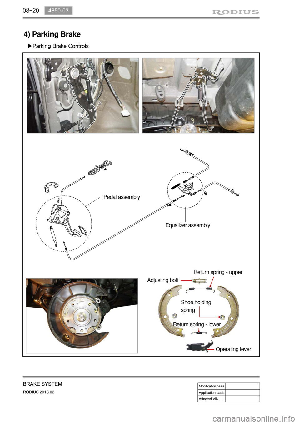 SSANGYONG TURISMO 2013 Service Manual 08-20
4) Parking Brake
▶Parking Brake Controls
Operating lever
Return spring - lowerShoe holding
springReturn spring - upper
Adjusting bolt
Pedal assembly
Equalizer assembly SSANGYONG TURISMO 2013 Service Manual 08-20
4) Parking Brake
▶Parking Brake Controls
Operating lever
Return spring - lowerShoe holding
springReturn spring - upper
Adjusting bolt
Pedal assembly
Equalizer assembly