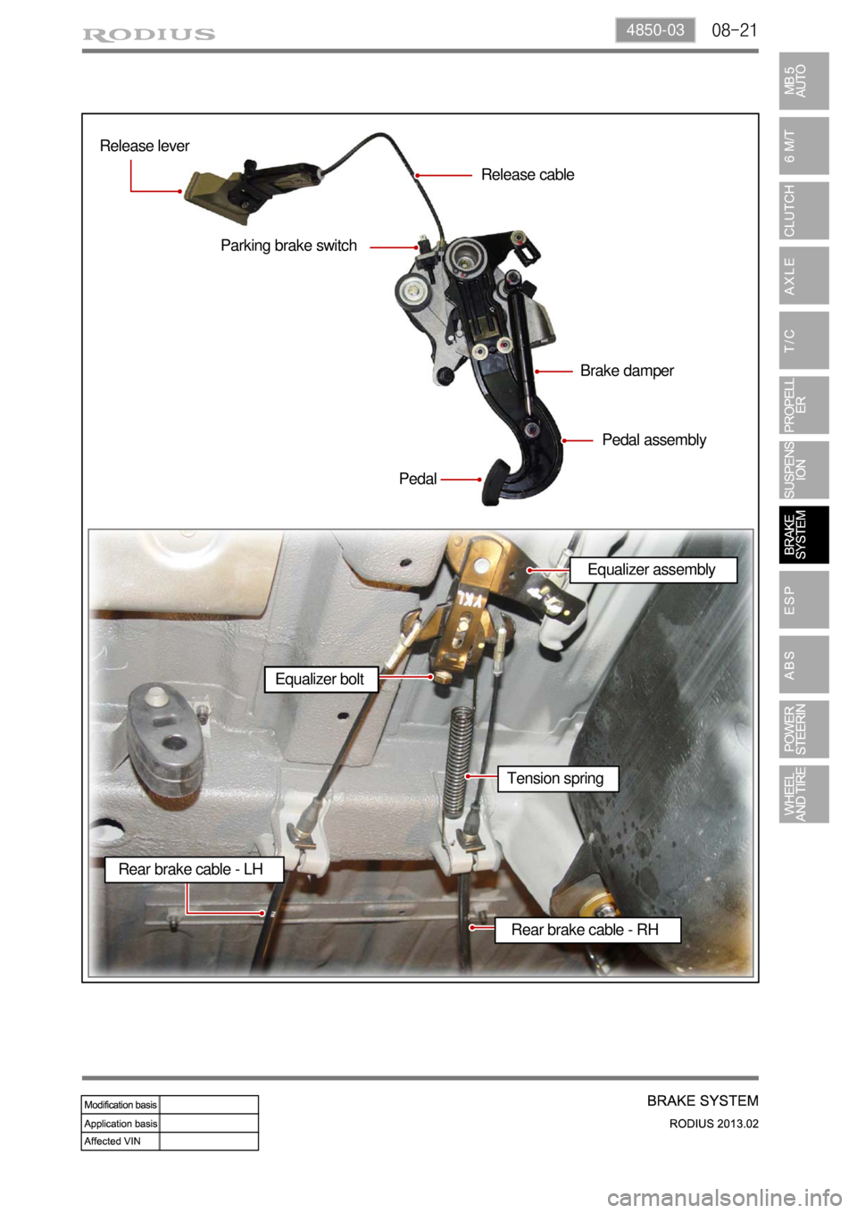 SSANGYONG TURISMO 2013 Service Manual 08-214850-03
Parking brake switch Release lever
Brake damper
Pedal assembly
Pedal
Rear brake cable - LH
Rear brake cable - RH Tension spring
Equalizer boltEqualizer assembly Release cable SSANGYONG TURISMO 2013 Service Manual 08-214850-03
Parking brake switch Release lever
Brake damper
Pedal assembly
Pedal
Rear brake cable - LH
Rear brake cable - RH Tension spring
Equalizer boltEqualizer assembly Release cable