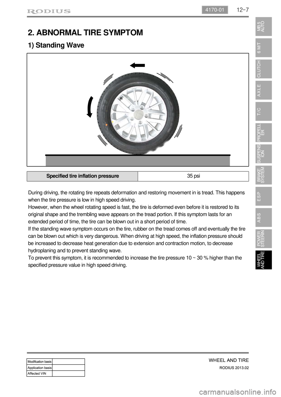 SSANGYONG TURISMO 2013 Service Manual 12-74170-01
During driving, the rotating tire repeats deformation and restoring movement in is tread. This happens
when the tire pressure is low in high speed driving.
However, when the wheel rotati SSANGYONG TURISMO 2013 Service Manual 12-74170-01
During driving, the rotating tire repeats deformation and restoring movement in is tread. This happens
when the tire pressure is low in high speed driving.
However, when the wheel rotati