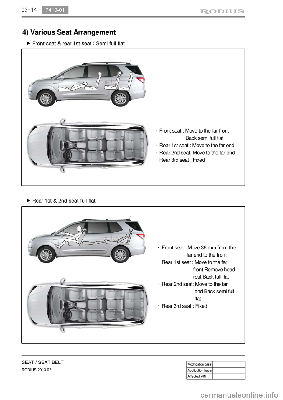 SSANGYONG TURISMO 2013  Service Manual 03-14
4) Various Seat Arrangement
▶ Front seat & rear 1st seat : Semi full flat
▶ Rear 1st & 2nd seat full flat
Front seat : Move to the far front
                    Back semi full flat
Rear 1st 