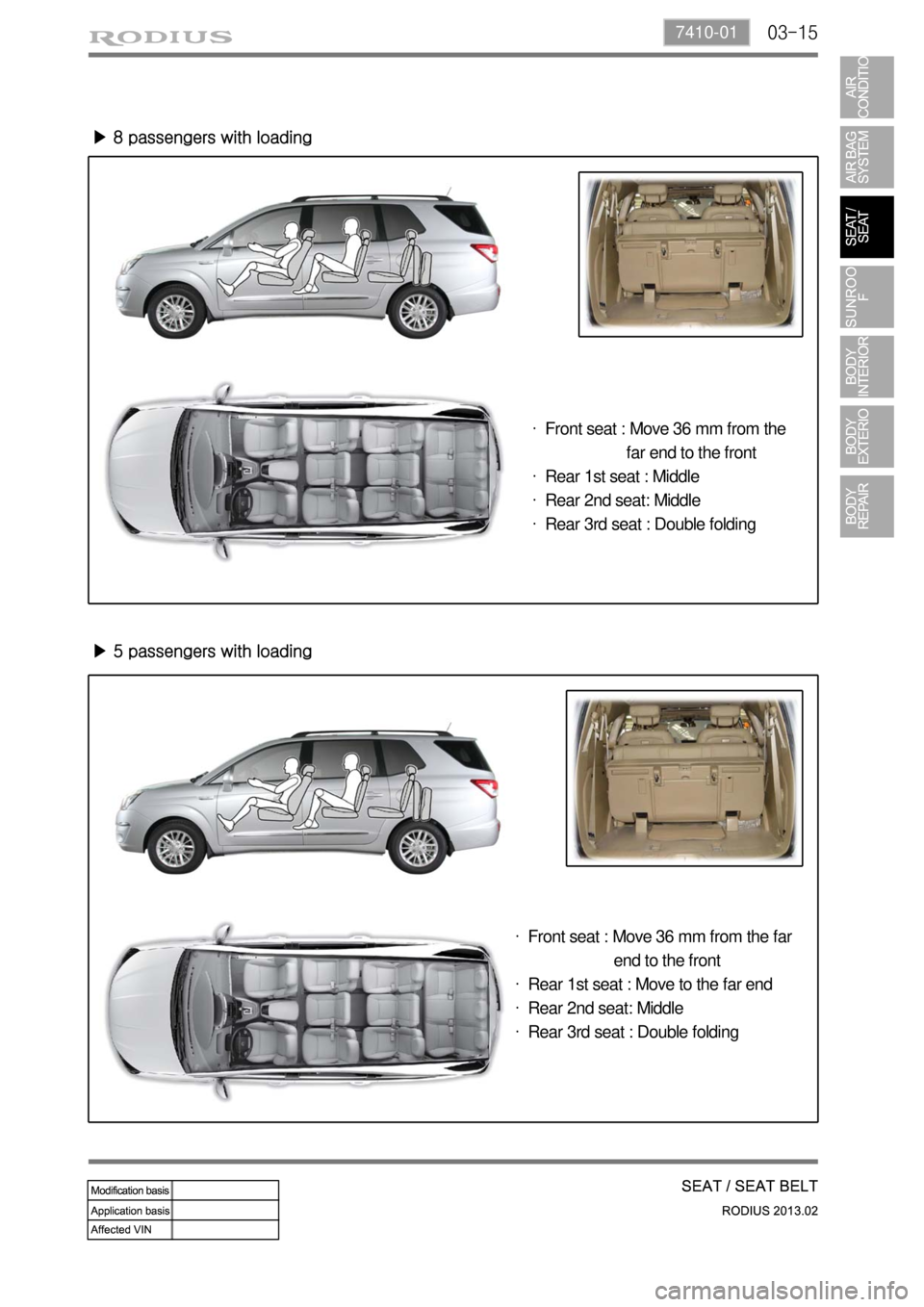 SSANGYONG TURISMO 2013  Service Manual 03-157410-01
▶ 8 passengers with loading
Front seat : Move 36 mm from the 
                   far end to the front
Rear 1st seat : Middle
Rear 2nd seat: Middle
Rear 3rd seat : Double folding ·
·
