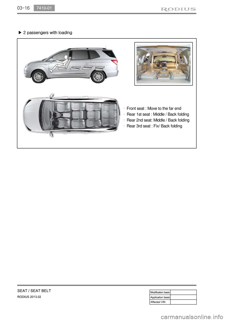 SSANGYONG TURISMO 2013  Service Manual 03-16
▶ 2 passengers with loading
Front seat : Move to the far end
Rear 1st seat : Middle / Back folding
Rear 2nd seat: Middle / Back folding
Rear 3rd seat : Fix/ Back folding ·
·
·
· 