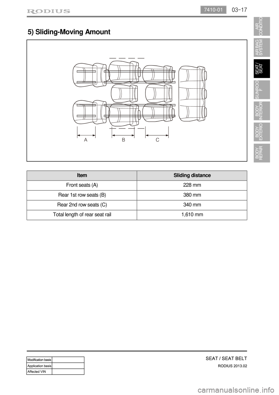 SSANGYONG TURISMO 2013  Service Manual 03-177410-01
5) Sliding-Moving Amount
Item Sliding distance
Front seats (A) 228 mm
Rear 1st row seats (B) 380 mm
Rear 2nd row seats (C) 340 mm
Total length of rear seat rail  1,610 mm 