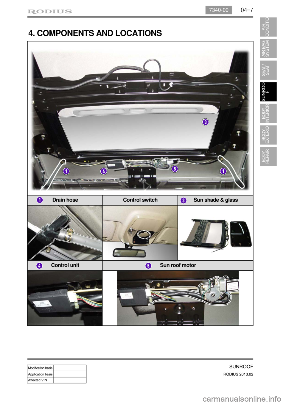 SSANGYONG TURISMO 2013 Service Manual 04-77340-00
Drain hose Control switch Sun shade & glass
Control unit Sun roof motor
4. COMPONENTS AND LOCATIONS SSANGYONG TURISMO 2013 Service Manual 04-77340-00
Drain hose Control switch Sun shade & glass
Control unit Sun roof motor
4. COMPONENTS AND LOCATIONS