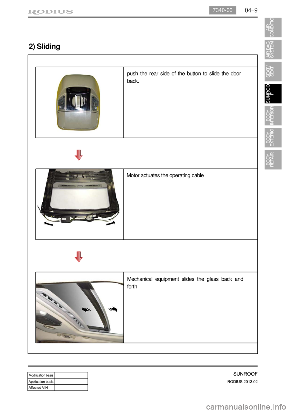 SSANGYONG TURISMO 2013 Service Manual 04-97340-00
2) Sliding
push the rear side of the button to slide the door
back.
Motor actuates the operating cable
Mechanical equipment slides the glass back and
forth SSANGYONG TURISMO 2013 Service Manual 04-97340-00
2) Sliding
push the rear side of the button to slide the door
back.
Motor actuates the operating cable
Mechanical equipment slides the glass back and
forth