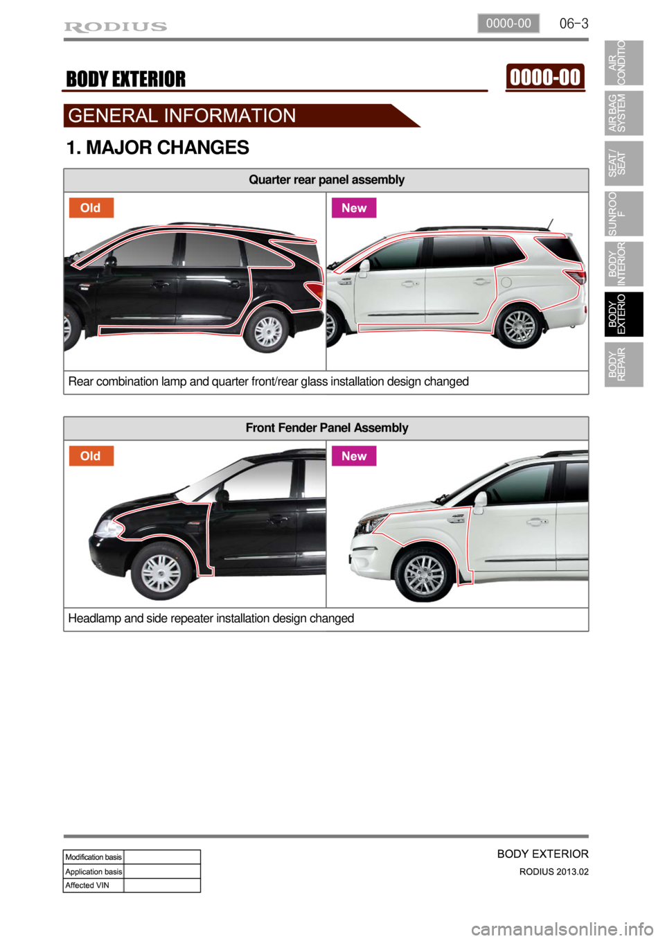 SSANGYONG TURISMO 2013 Service Manual 06-30000-00
Quarter rear panel assembly
Rear combination lamp and quarter front/rear glass installation design changed
1. MAJOR CHANGES
Front Fender Panel Assembly
Headlamp and side repeater installat SSANGYONG TURISMO 2013 Service Manual 06-30000-00
Quarter rear panel assembly
Rear combination lamp and quarter front/rear glass installation design changed
1. MAJOR CHANGES
Front Fender Panel Assembly
Headlamp and side repeater installat