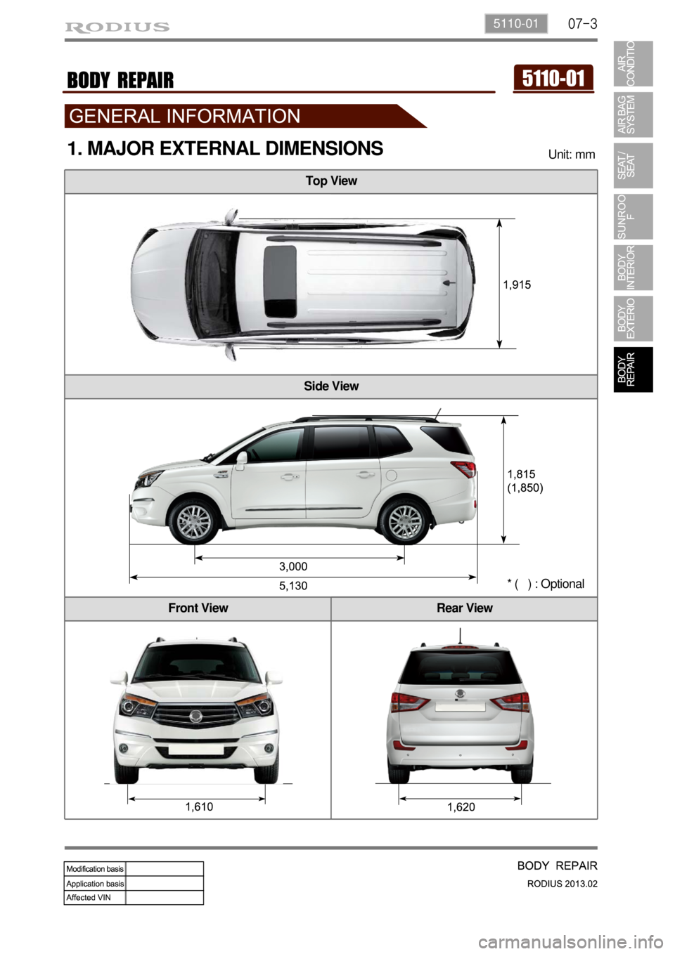 SSANGYONG TURISMO 2013  Service Manual 07-35110-01
Top View
Side View
Front View Rear View
1. MAJOR EXTERNAL DIMENSIONSUnit: mm
* (   ) : Optional 
