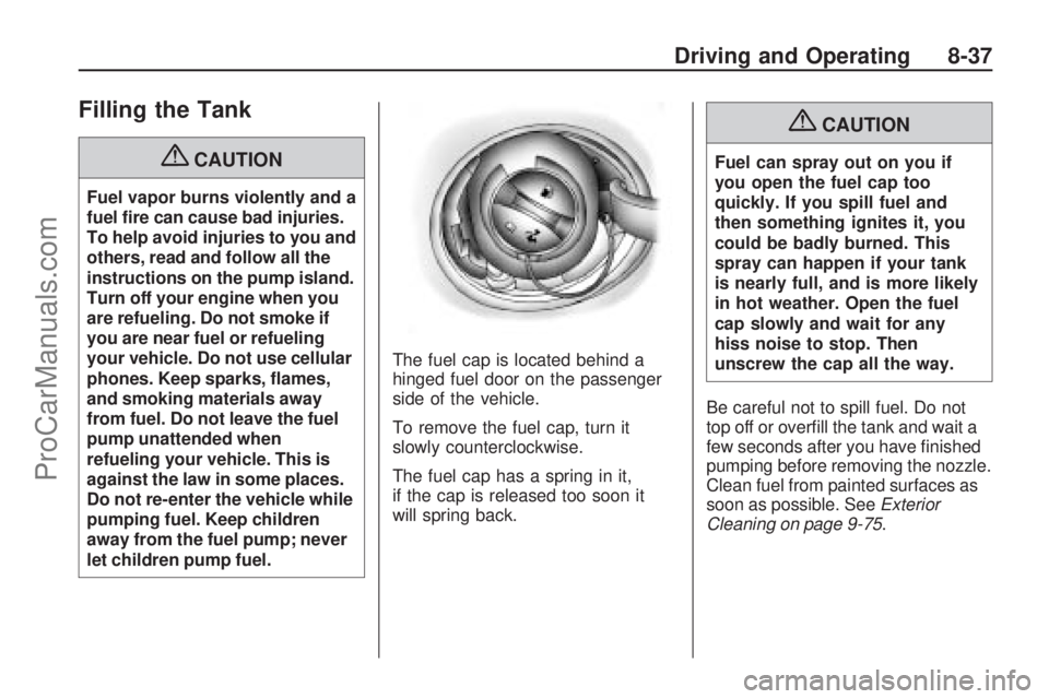 SATURN ASTRA 2008  Owners Manual Filling the Tank
{CAUTION
Fuel vapor burns violently and a
fuel �re can cause bad injuries.
To help avoid injuries to you and
others, read and follow all the
instructions on the pump island.
Turn off 