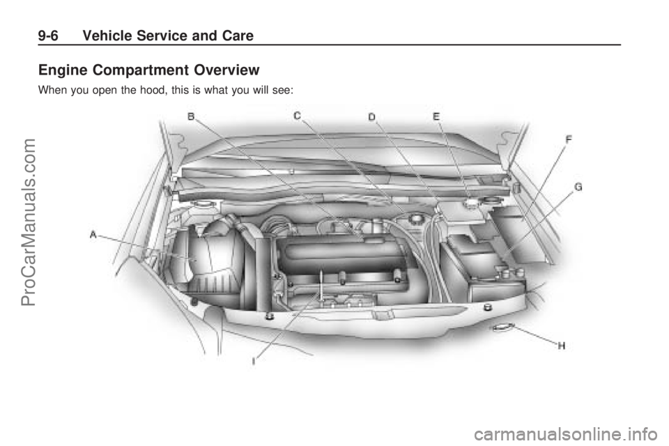 SATURN ASTRA 2008  Owners Manual Engine Compartment Overview
When you open the hood, this is what you will see:
9-6 Vehicle Service and Care
ProCarManuals.com 