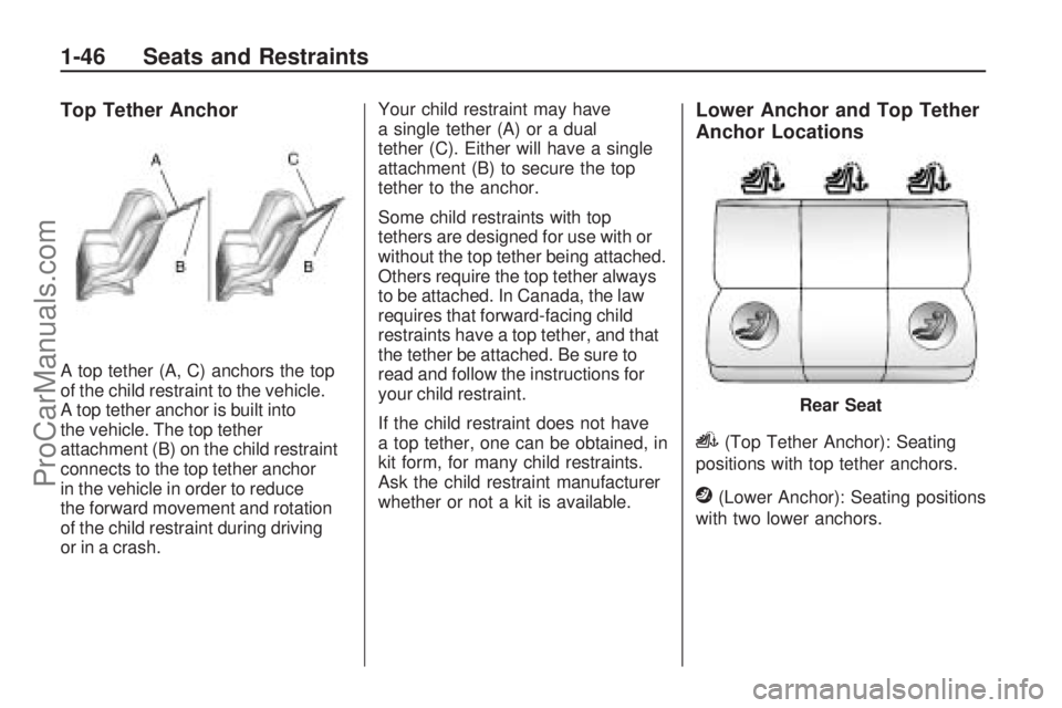 SATURN ASTRA 2008 Service Manual Top Tether Anchor
A top tether (A, C) anchors the top
of the child restraint to the vehicle.
A top tether anchor is built into
the vehicle. The top tether
attachment (B) on the child restraint
connect