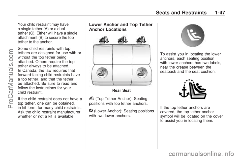 SATURN ASTRA 2009 User Guide Your child restraint may have
a single tether (A) or a dual
tether (C). Either will have a single
attachment (B) to secure the top
tether to the anchor.
Some child restraints with top
tethers are desi SATURN ASTRA 2009 User Guide Your child restraint may have
a single tether (A) or a dual
tether (C). Either will have a single
attachment (B) to secure the top
tether to the anchor.
Some child restraints with top
tethers are desi