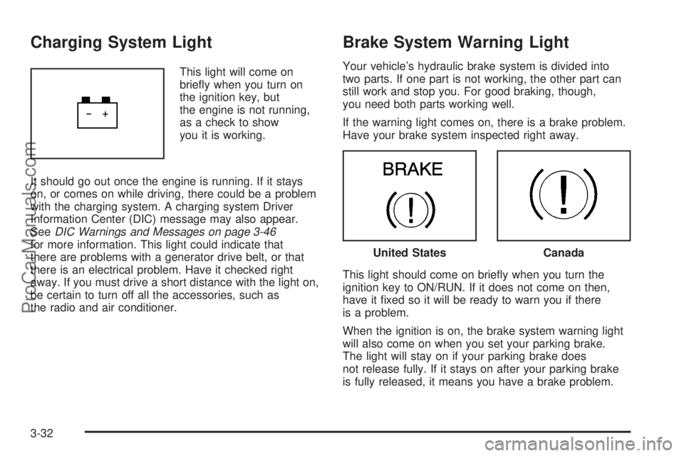 SATURN AURA 2008  Owners Manual Charging System Light
This light will come on
brie�y when you turn on
the ignition key, but
the engine is not running,
as a check to show
you it is working.
It should go out once the engine is running