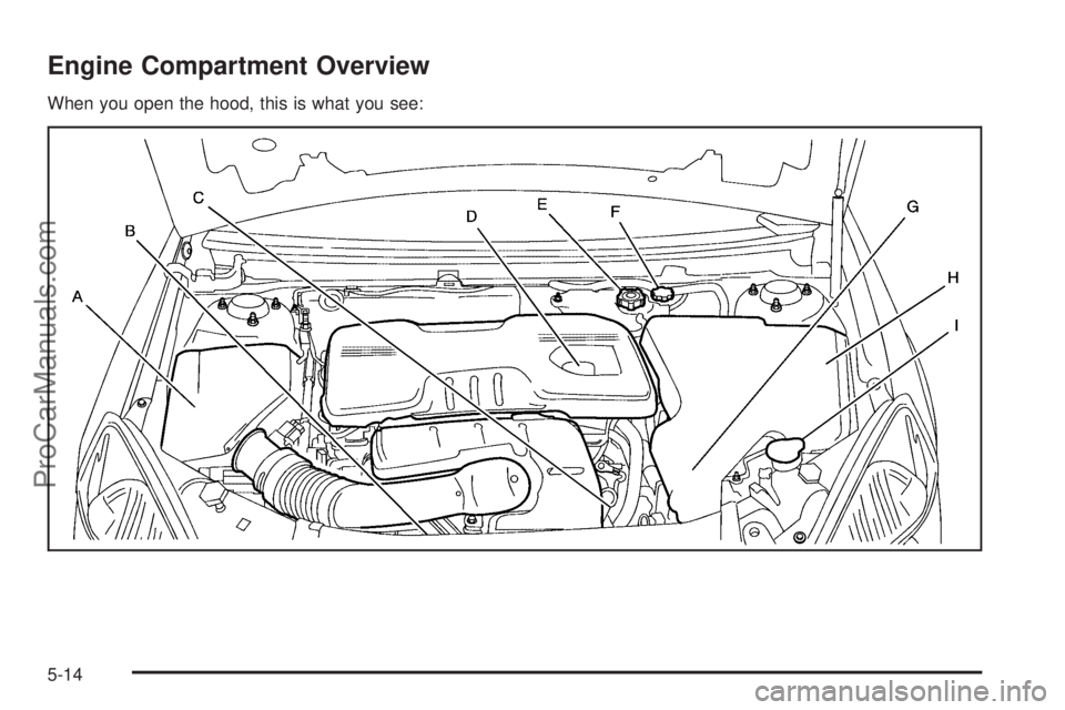 SATURN AURA 2008  Owners Manual Engine Compartment Overview
When you open the hood, this is what you see:
5-14
ProCarManuals.com 