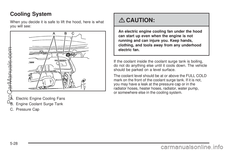 SATURN AURA 2008 User Guide Cooling System
When you decide it is safe to lift the hood, here is what
you will see:
A. Electric Engine Cooling Fans
B. Engine Coolant Surge Tank
C. Pressure Cap{CAUTION:
An electric engine cooling 