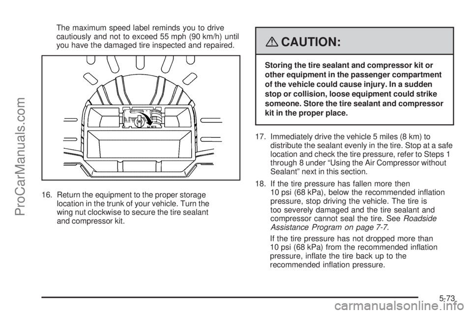 SATURN AURA 2008 User Guide The maximum speed label reminds you to drive
cautiously and not to exceed 55 mph (90 km/h) until
you have the damaged tire inspected and repaired.
16. Return the equipment to the proper storage
locati