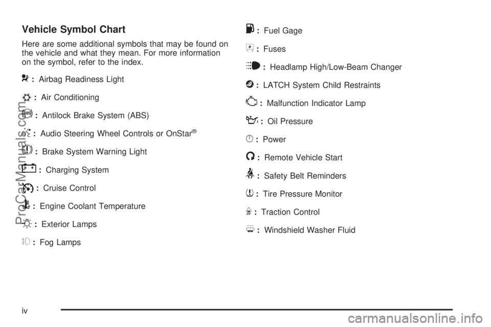 SATURN AURA 2009  Owners Manual Vehicle Symbol Chart
Here are some additional symbols that may be found on
the vehicle and what they mean. For more information
on the symbol, refer to the index.
9:Airbag Readiness Light
#:Air Condit