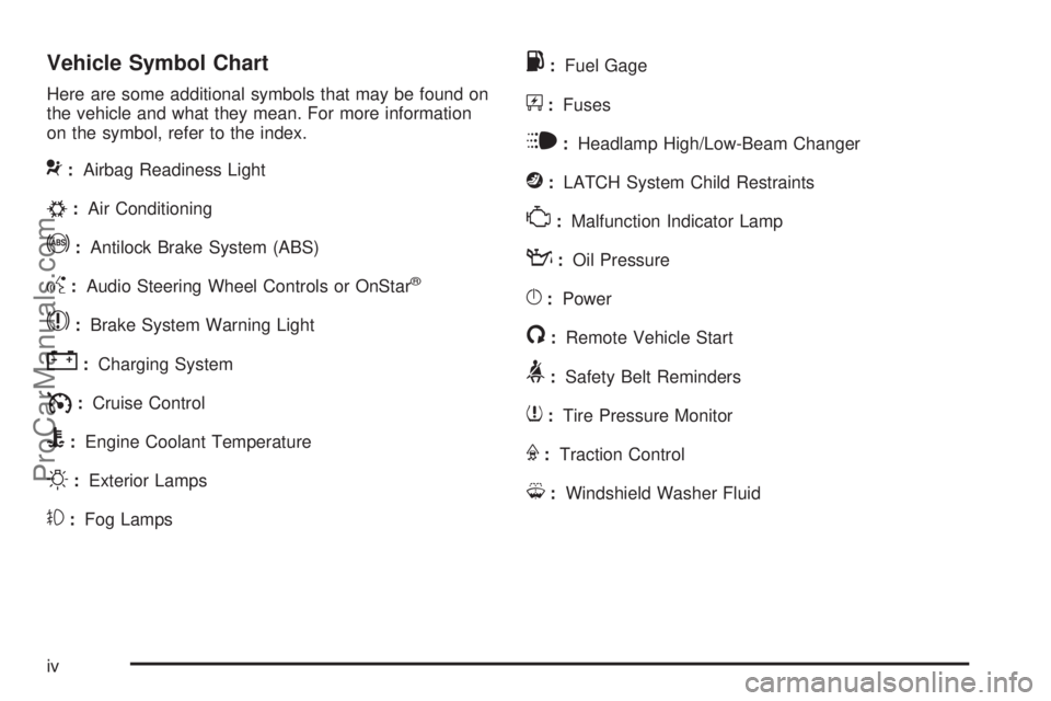 SATURN AURA HYBRID 2010  Owners Manual Vehicle Symbol Chart
Here are some additional symbols that may be found on
the vehicle and what they mean. For more information
on the symbol, refer to the index.
9:Airbag Readiness Light
#:Air Condit