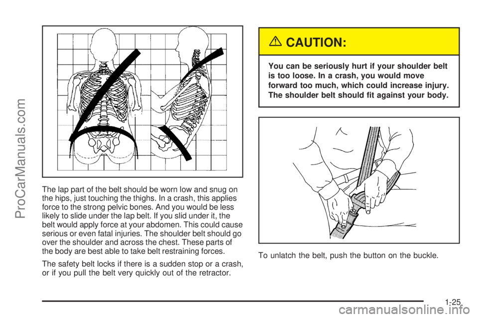 SATURN ION 2005 Owners Guide The lap part of the belt should be worn low and snug on
the hips, just touching the thighs. In a crash, this applies
force to the strong pelvic bones. And you would be less
likely to slide under the l