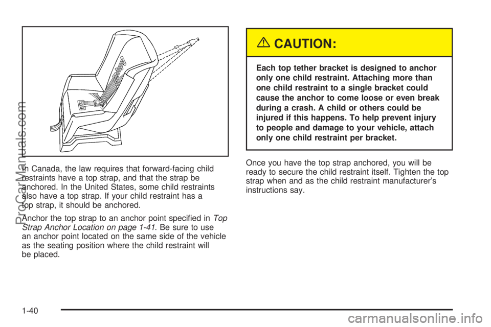 SATURN ION 2005 Service Manual In Canada, the law requires that forward-facing child
restraints have a top strap, and that the strap be
anchored. In the United States, some child restraints
also have a top strap. If your child rest