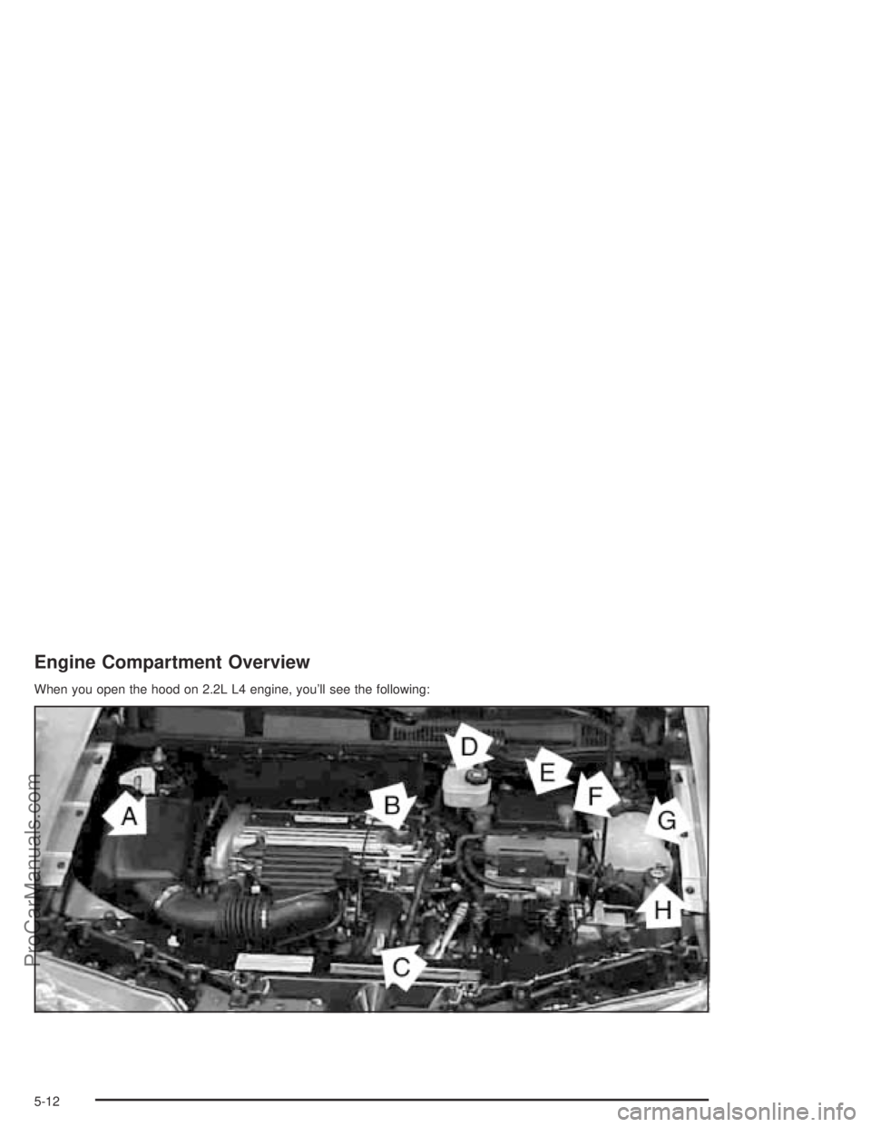 SATURN ION 2004  Owners Manual Engine Compartment Overview
When you open the hood on 2.2L L4 engine, you’ll see the following:
5-12
ProCarManuals.com 