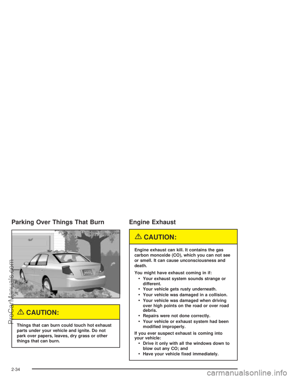 SATURN ION 2004 User Guide Parking Over Things That Burn
{CAUTION:
Things that can burn could touch hot exhaust
parts under your vehicle and ignite. Do not
park over papers, leaves, dry grass or other
things that can burn.
Engi