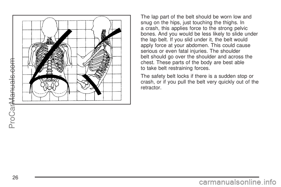 SATURN ION 2007 Owners Manual The lap part of the belt should be worn low and
snug on the hips, just touching the thighs. In
a crash, this applies force to the strong pelvic
bones. And you would be less likely to slide under
the l