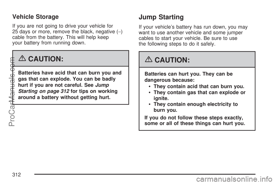SATURN ION 2007 Owners Manual Vehicle Storage
If you are not going to drive your vehicle for
25 days or more, remove the black, negative (−)
cable from the battery. This will help keep
your battery from running down.
{CAUTION:
B SATURN ION 2007 Owners Manual Vehicle Storage
If you are not going to drive your vehicle for
25 days or more, remove the black, negative (−)
cable from the battery. This will help keep
your battery from running down.
{CAUTION:
B