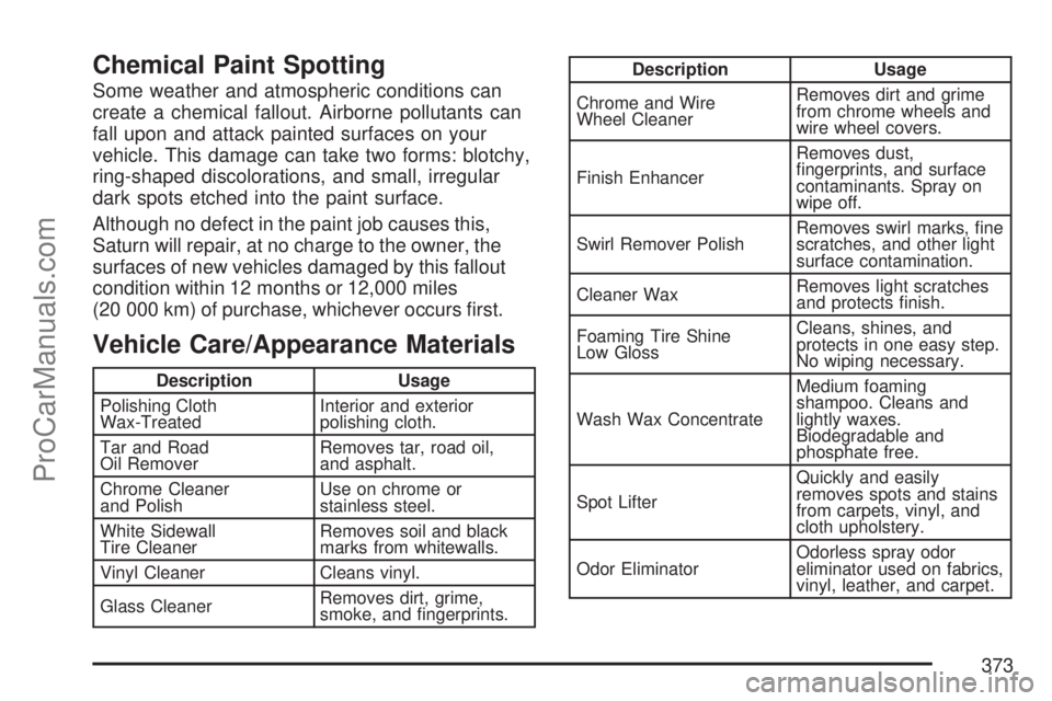 SATURN ION 2007  Owners Manual Chemical Paint Spotting
Some weather and atmospheric conditions can
create a chemical fallout. Airborne pollutants can
fall upon and attack painted surfaces on your
vehicle. This damage can take two f