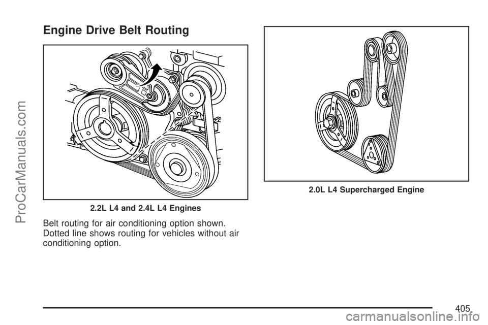 SATURN ION 2007  Owners Manual Engine Drive Belt Routing
Belt routing for air conditioning option shown.
Dotted line shows routing for vehicles without air
conditioning option.
2.2L L4 and 2.4L L4 Engines
2.0L L4 Supercharged Engin