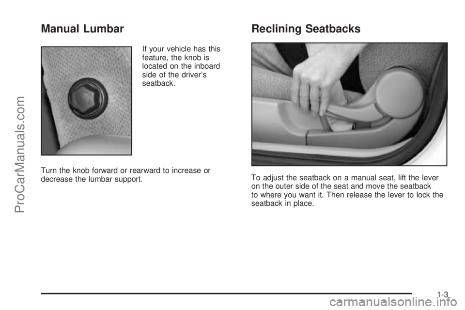 SATURN L-SERIES 2005  Owners Manual Manual Lumbar
If your vehicle has this
feature, the knob is
located on the inboard
side of the driver’s
seatback.
Turn the knob forward or rearward to increase or
decrease the lumbar support.
Reclin