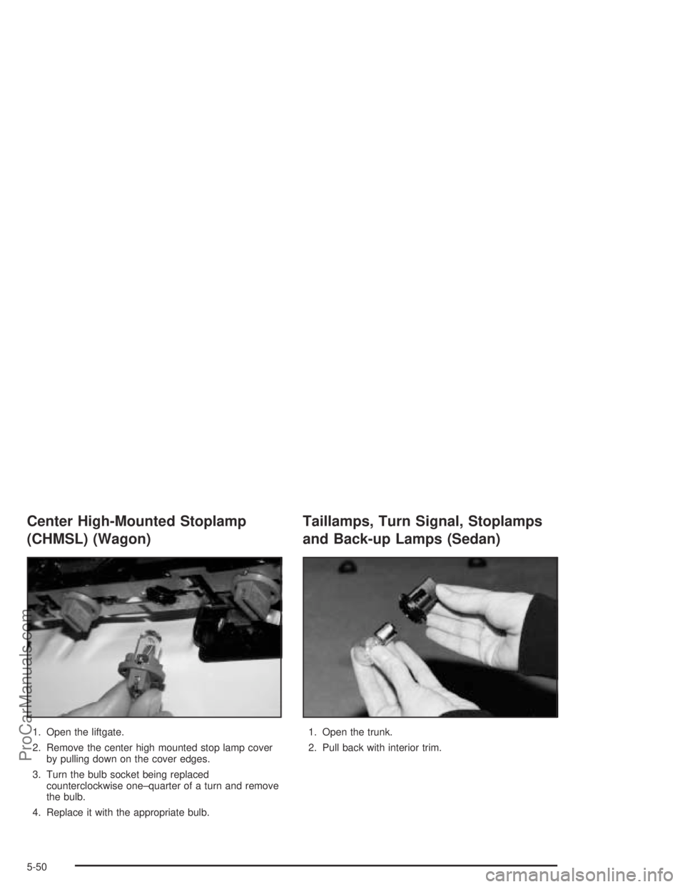 SATURN L-SERIES 2004  Owners Manual Center High-Mounted Stoplamp
(CHMSL) (Wagon)
1. Open the liftgate.
2. Remove the center high mounted stop lamp cover
by pulling down on the cover edges.
3. Turn the bulb socket being replaced
counterc