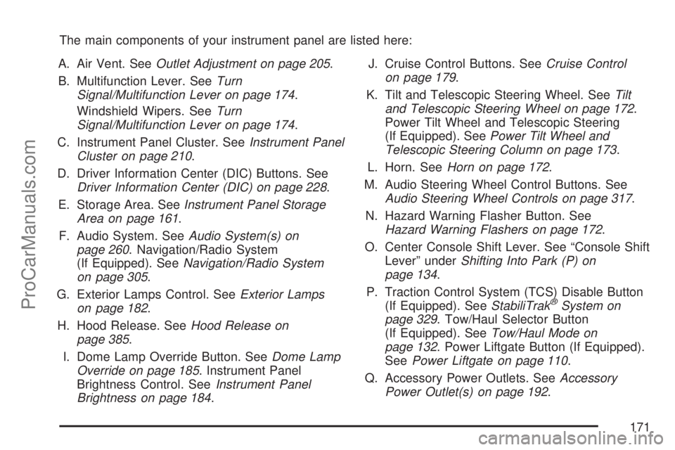 SATURN OUTLOOK 2007 Owners Manual The main components of your instrument panel are listed here:
A. Air Vent. SeeOutlet Adjustment on page 205.
B. Multifunction Lever. SeeTurn
Signal/Multifunction Lever on page 174.
Windshield Wipers. SATURN OUTLOOK 2007 Owners Manual The main components of your instrument panel are listed here:
A. Air Vent. SeeOutlet Adjustment on page 205.
B. Multifunction Lever. SeeTurn
Signal/Multifunction Lever on page 174.
Windshield Wipers.