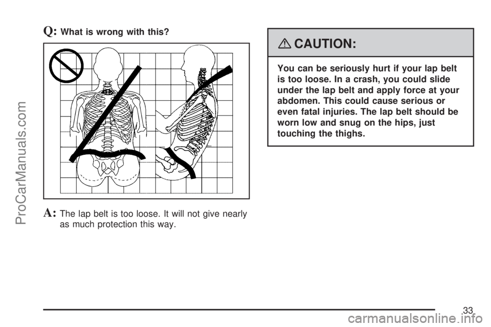 SATURN OUTLOOK 2007 Owners Guide Q:What is wrong with this?
A:The lap belt is too loose. It will not give nearly
as much protection this way.
{CAUTION:
You can be seriously hurt if your lap belt
is too loose. In a crash, you could sl