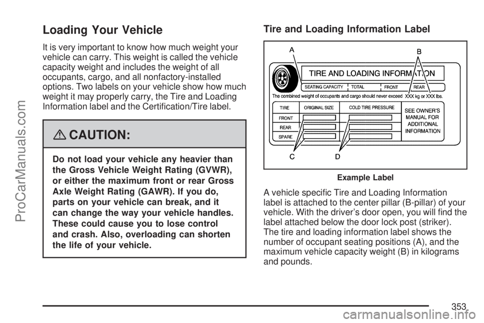 SATURN OUTLOOK 2007 Owners Manual Loading Your Vehicle
It is very important to know how much weight your
vehicle can carry. This weight is called the vehicle
capacity weight and includes the weight of all
occupants, cargo, and all non SATURN OUTLOOK 2007 Owners Manual Loading Your Vehicle
It is very important to know how much weight your
vehicle can carry. This weight is called the vehicle
capacity weight and includes the weight of all
occupants, cargo, and all non