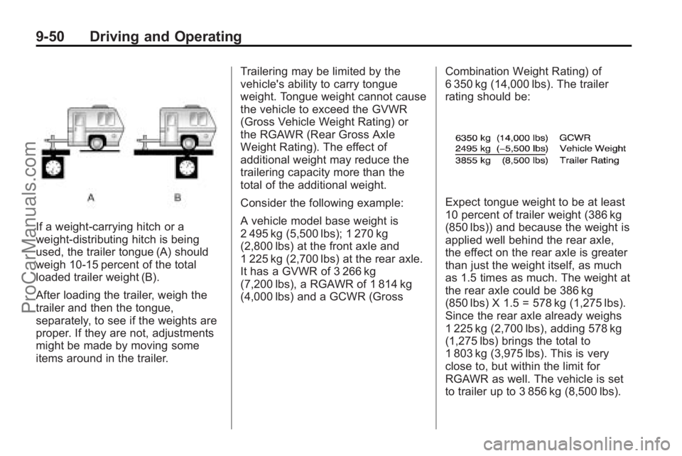 SATURN OUTLOOK 2010  Owners Manual 9-50 Driving and Operating
If a weight-carrying hitch or a
weight-distributing hitch is being
used, the trailer tongue (A) should
weigh 10-15 percent of the total
loaded trailer weight (B).
After load