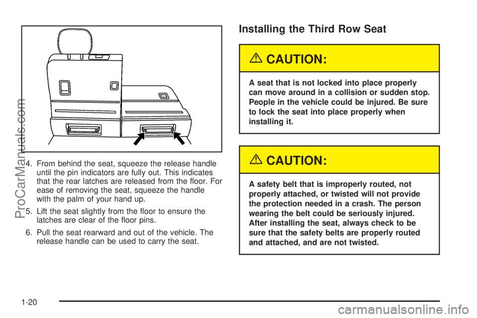 SATURN RELAY 2005 Owners Manual 4. From behind the seat, squeeze the release handle
until the pin indicators are fully out. This indicates
that the rear latches are released from the �oor. For
ease of removing the seat, squeeze the 