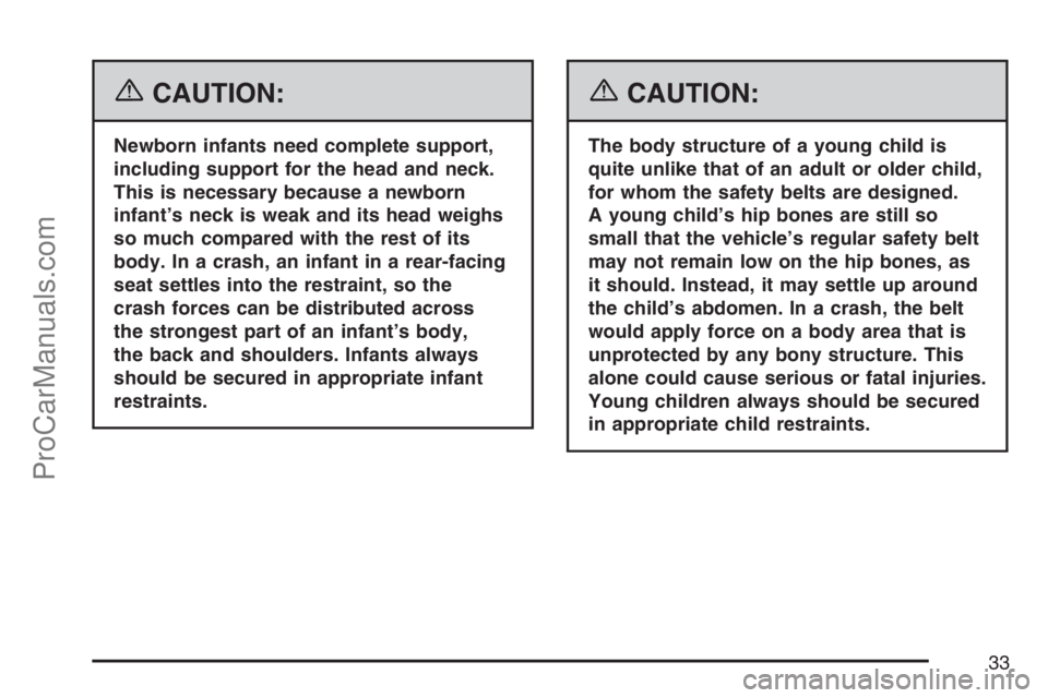 SATURN SKY 2007 Owners Guide {CAUTION:
Newborn infants need complete support,
including support for the head and neck.
This is necessary because a newborn
infant’s neck is weak and its head weighs
so much compared with the rest