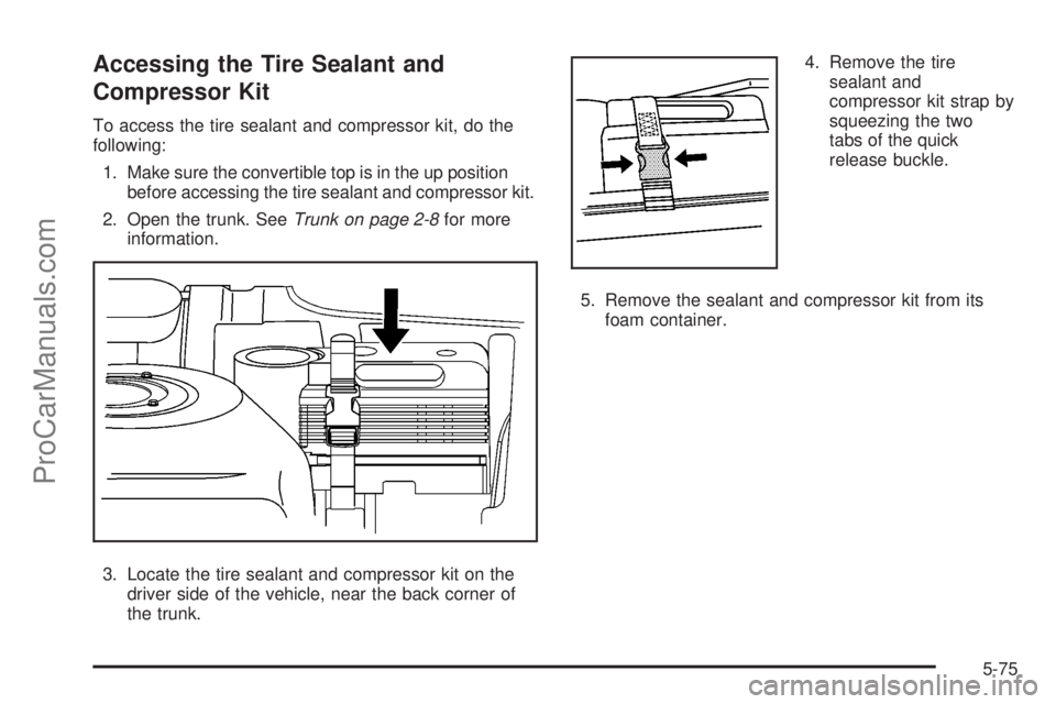 SATURN SKY 2008  Owners Manual Accessing the Tire Sealant and
Compressor Kit
To access the tire sealant and compressor kit, do the
following:
1. Make sure the convertible top is in the up position
before accessing the tire sealant 
