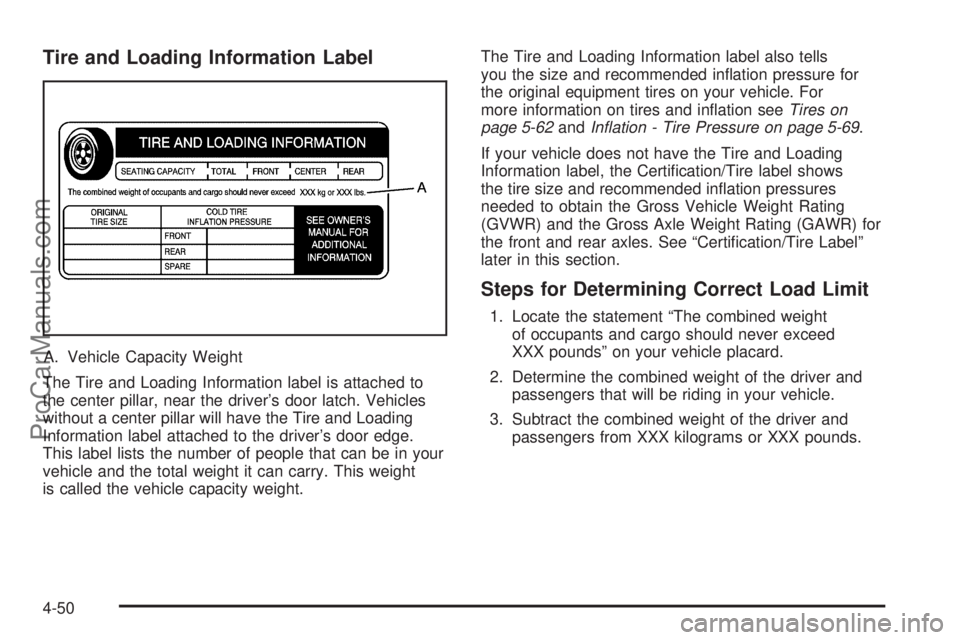 SATURN VUE 2004  Owners Manual Tire and Loading Information Label
A. Vehicle Capacity Weight
The Tire and Loading Information label is attached to
the center pillar, near the driver’s door latch. Vehicles
without a center pillar 