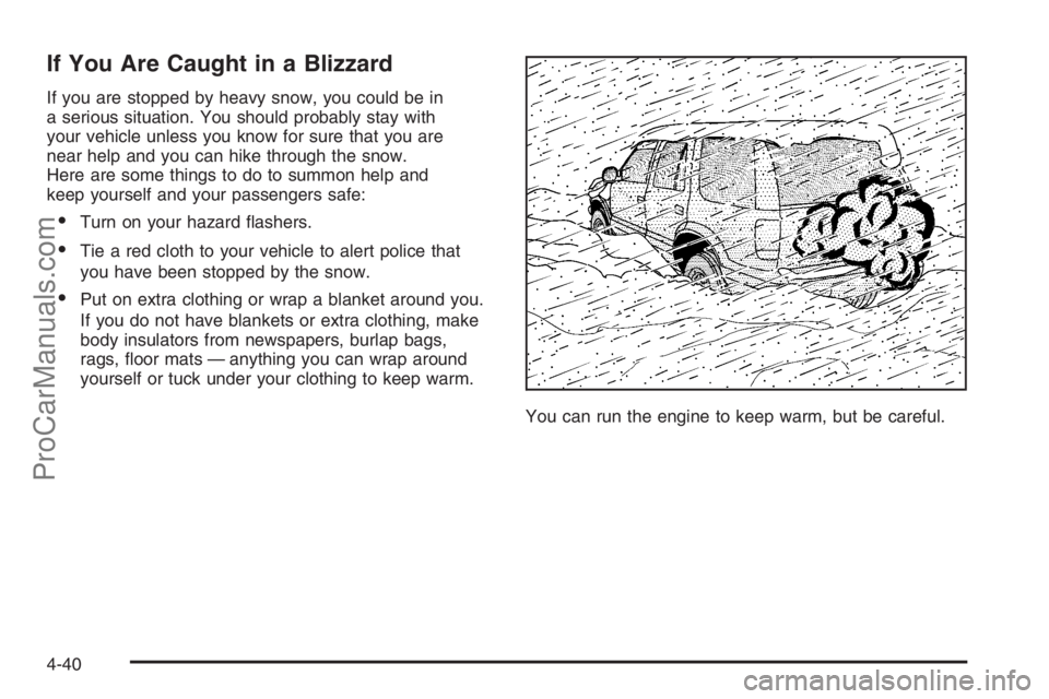 SATURN VUE 2006 Owners Manual If You Are Caught in a Blizzard
If you are stopped by heavy snow, you could be in
a serious situation. You should probably stay with
your vehicle unless you know for sure that you are
near help and yo SATURN VUE 2006 Owners Manual If You Are Caught in a Blizzard
If you are stopped by heavy snow, you could be in
a serious situation. You should probably stay with
your vehicle unless you know for sure that you are
near help and yo