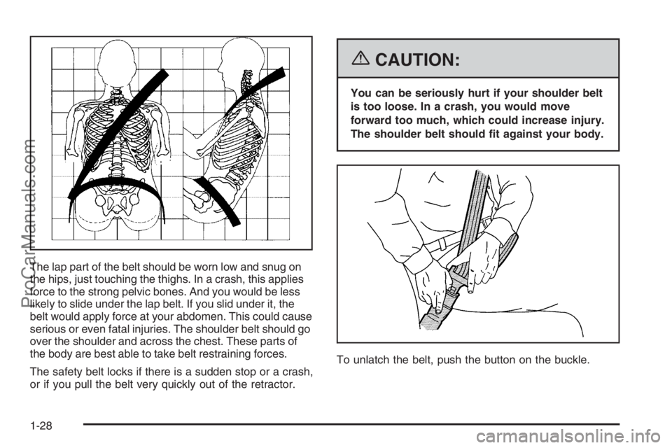 SATURN VUE 2006 Owners Guide The lap part of the belt should be worn low and snug on
the hips, just touching the thighs. In a crash, this applies
force to the strong pelvic bones. And you would be less
likely to slide under the l SATURN VUE 2006 Owners Guide The lap part of the belt should be worn low and snug on
the hips, just touching the thighs. In a crash, this applies
force to the strong pelvic bones. And you would be less
likely to slide under the l