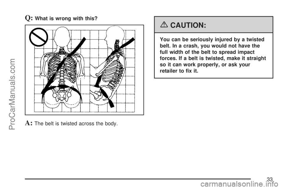 SATURN VUE 2007 Owners Manual Q:What is wrong with this?
A:The belt is twisted across the body.
{CAUTION:
You can be seriously injured by a twisted
belt. In a crash, you would not have the
full width of the belt to spread impact
f SATURN VUE 2007 Owners Manual Q:What is wrong with this?
A:The belt is twisted across the body.
{CAUTION:
You can be seriously injured by a twisted
belt. In a crash, you would not have the
full width of the belt to spread impact
f